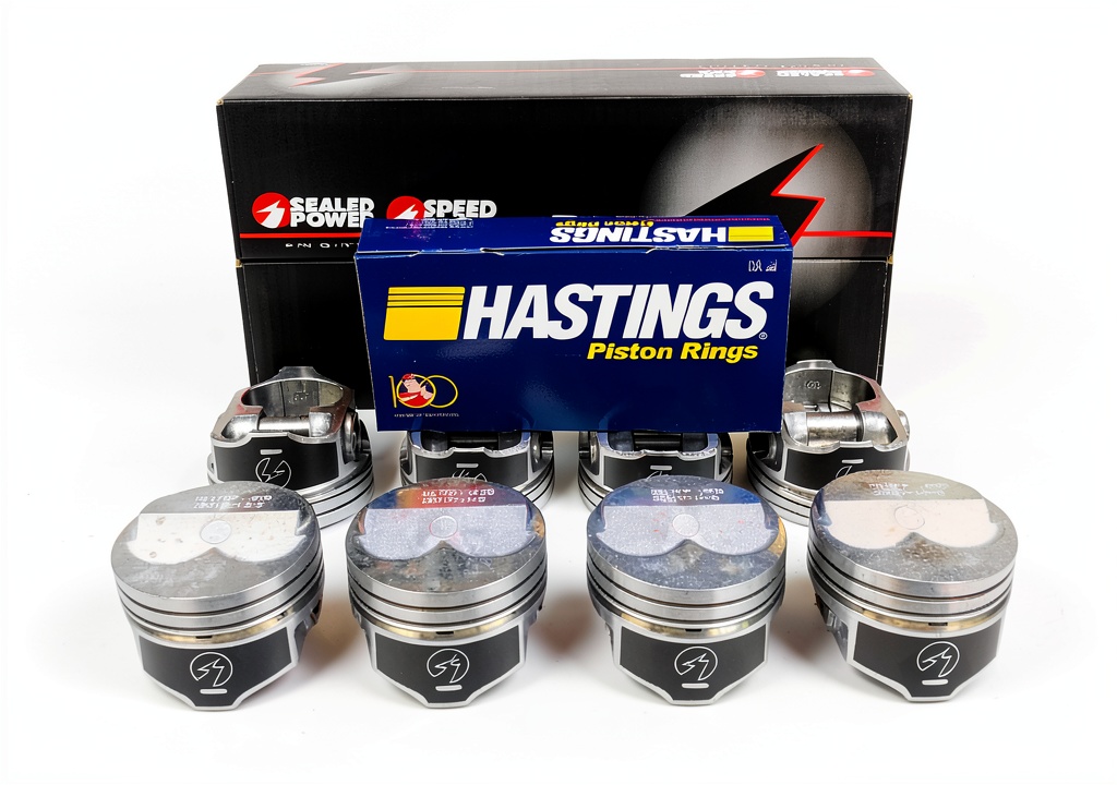 Piston kit components laid out on a workbench